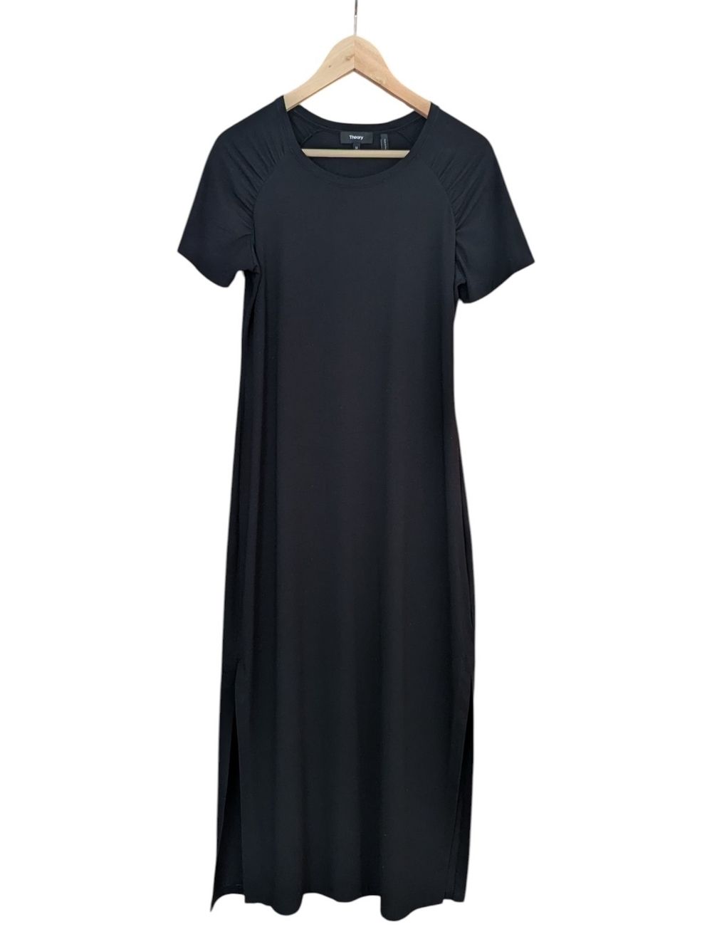 Theory Black Shirred Ranmire Knit Maxi Dress with Side Slits - Size Medium